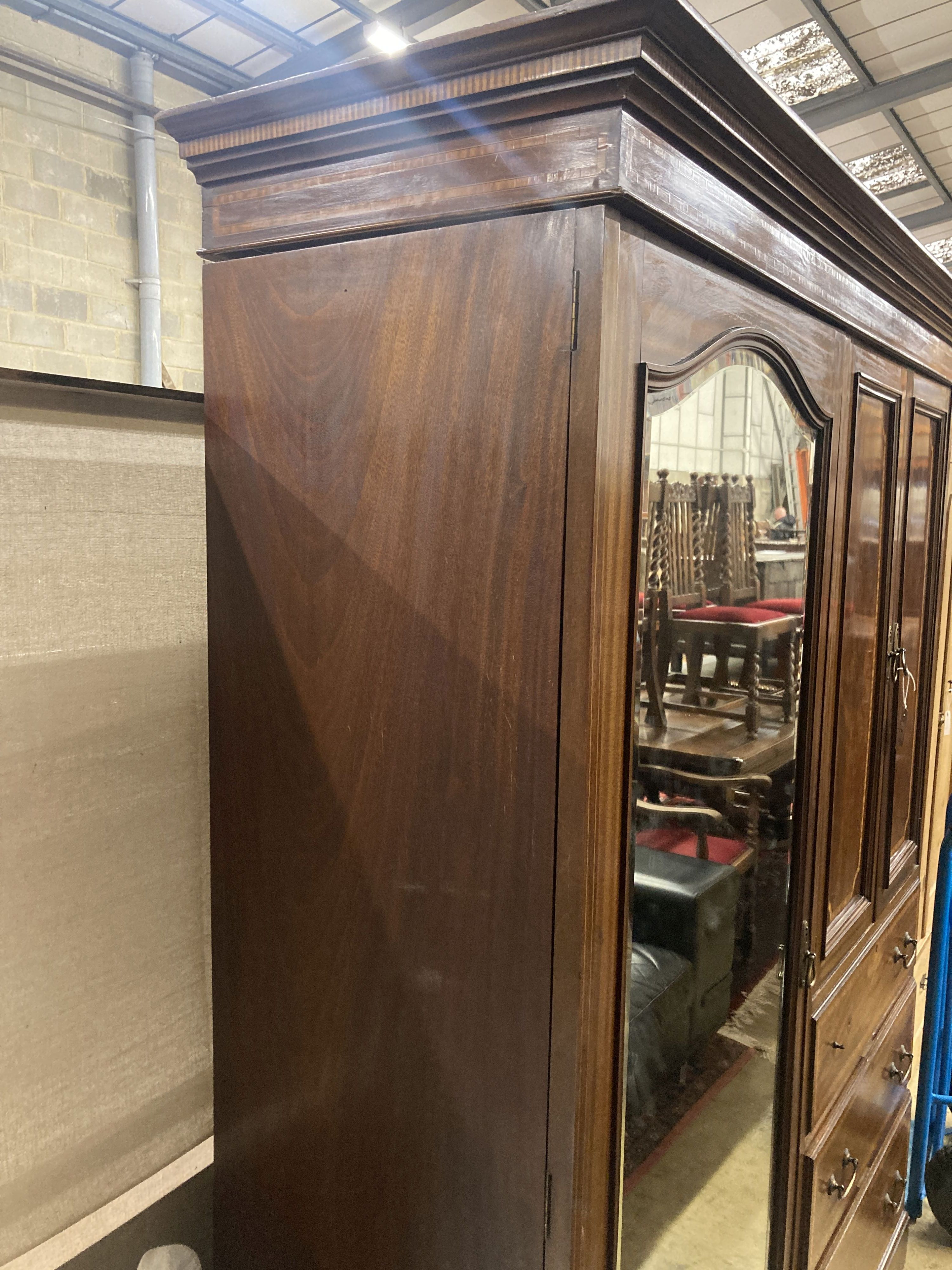 An Edwardian satinwood banded mahogany wardrobe, width 160cm, depth 56cm, height 206cm